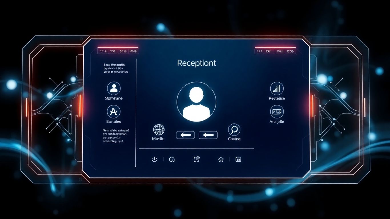 Futuristic AI receptionist interface hologram