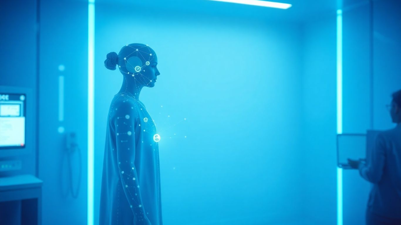 AI interface assisting patient in futuristic medical setting.