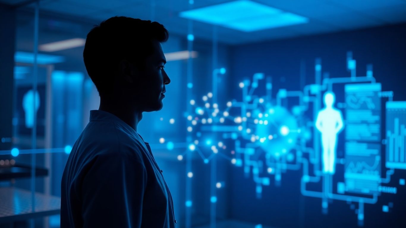 Futuristic medical interface with data streams and human silhouette.