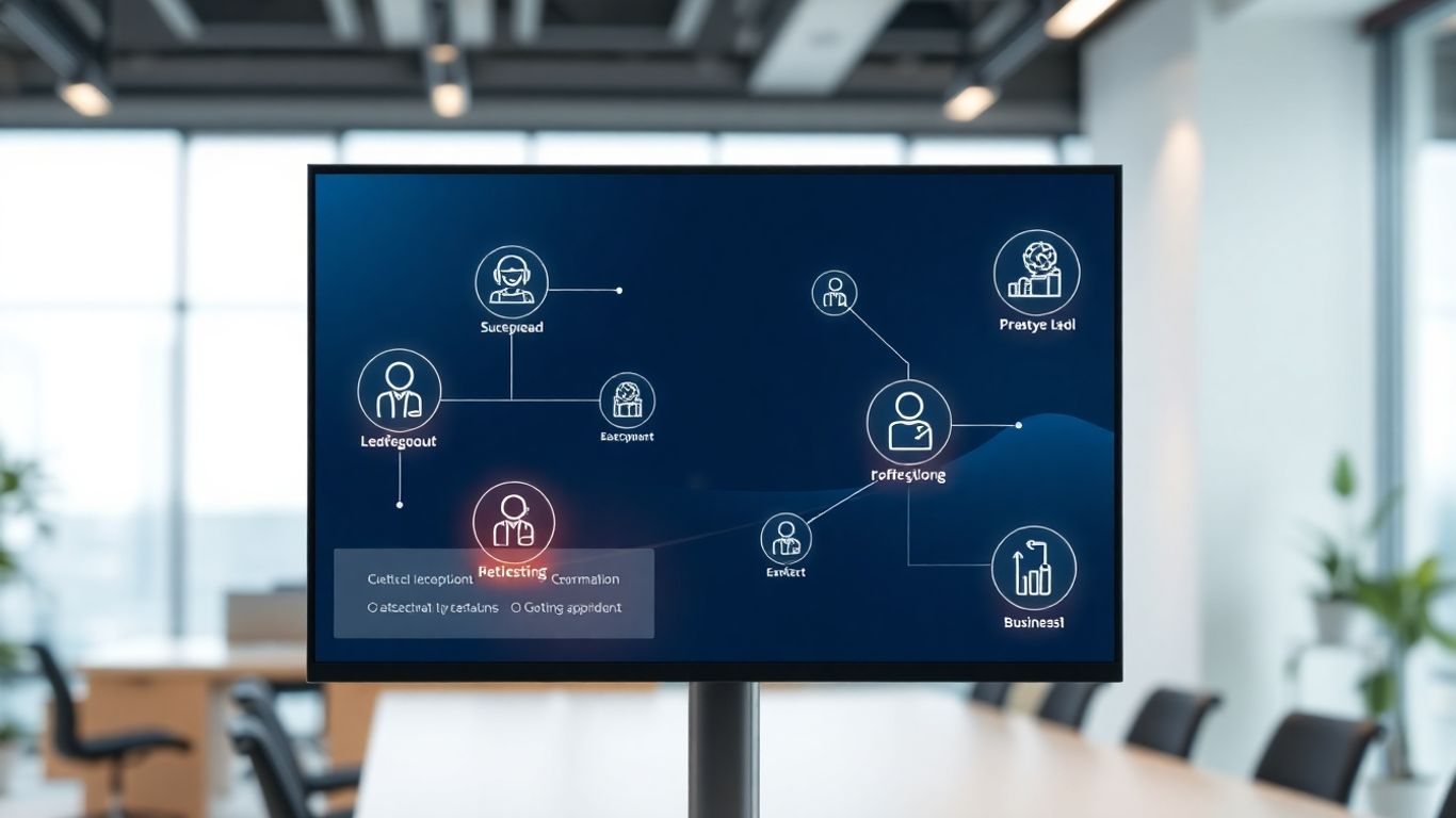 AI virtual receptionist interface with lead qualification icons.