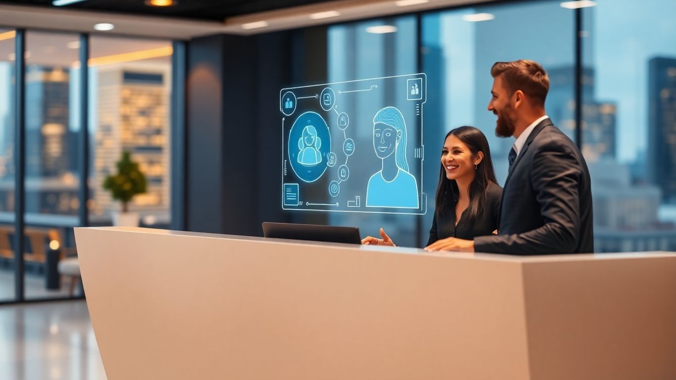 AI assistant at reception desk interacting with client.
