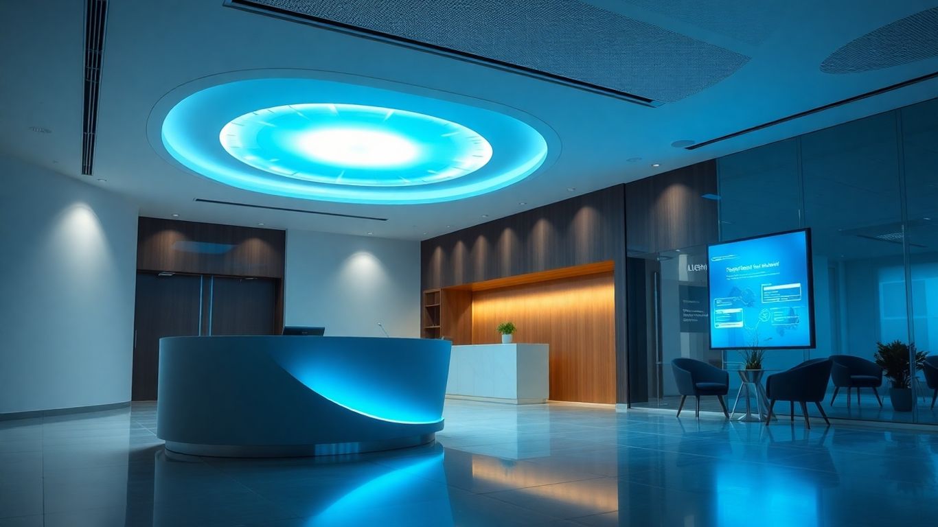 Modern office reception with futuristic digital interface
