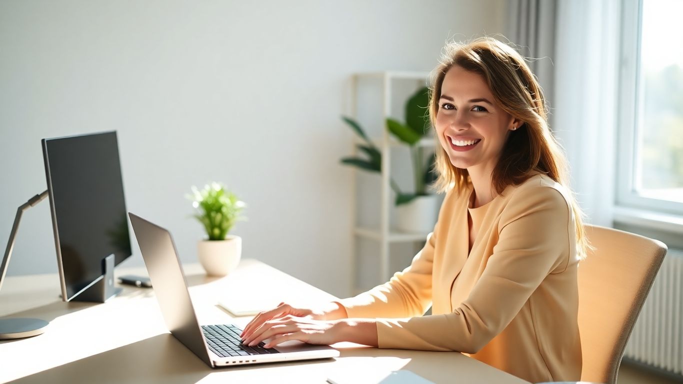 Woman working from home with a smile.