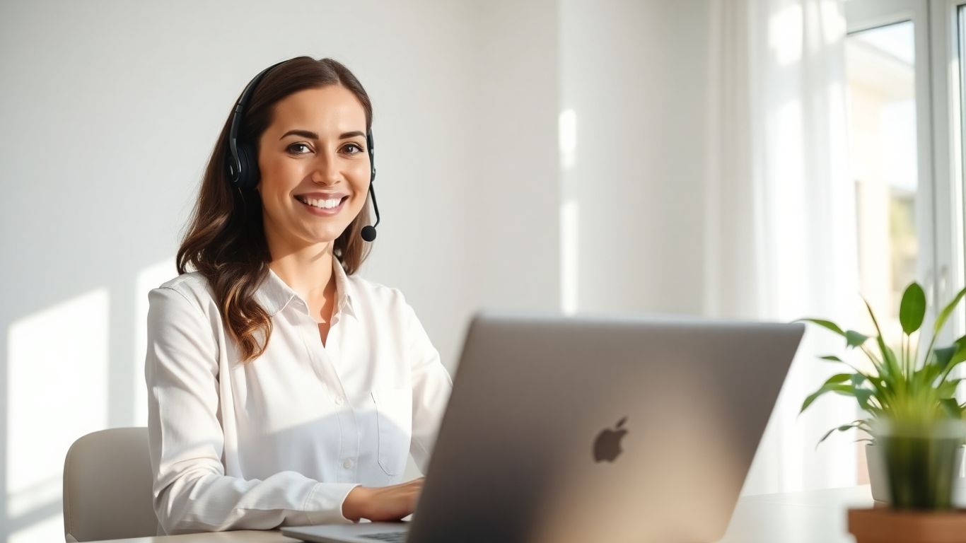 Woman working remotely with a headset