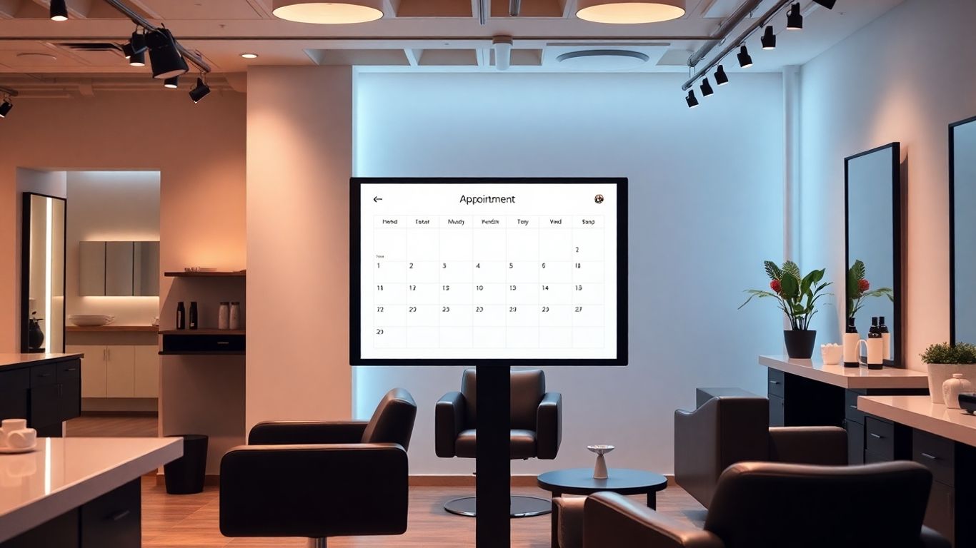 Hair salon with digital appointment booking interface.