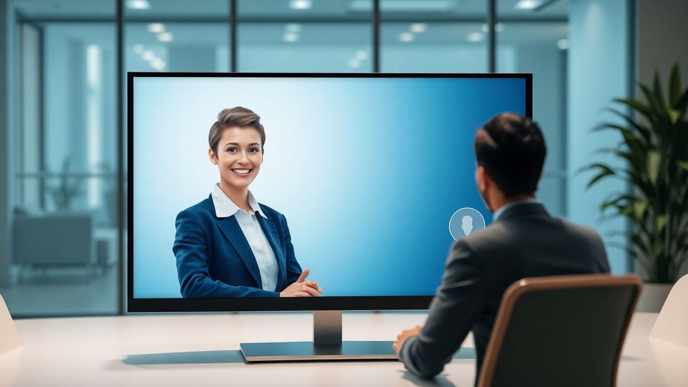 AI receptionist avatar assisting a caller on a digital screen.