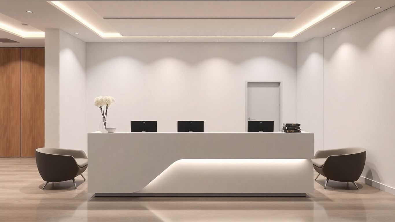 AI receptionist interface in a modern office.