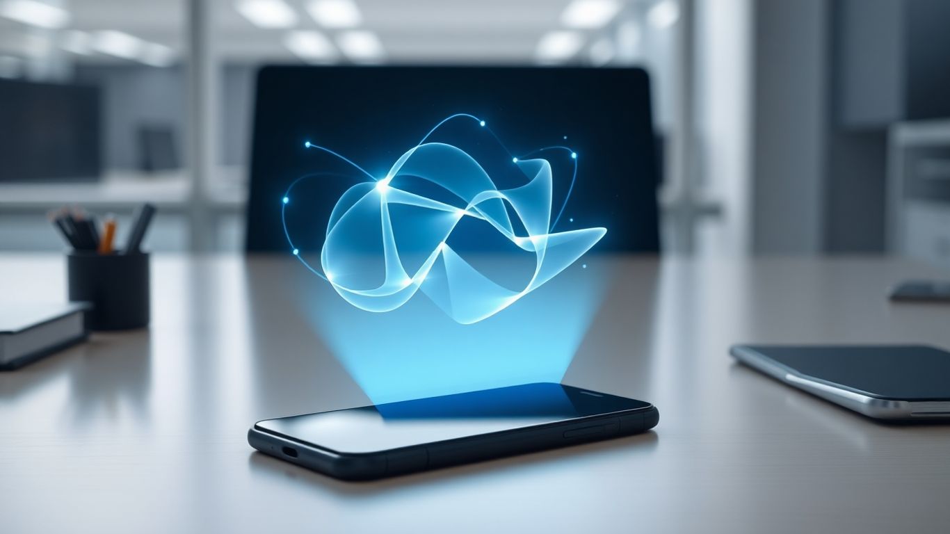AI interface hovering over a smartphone on an office desk.