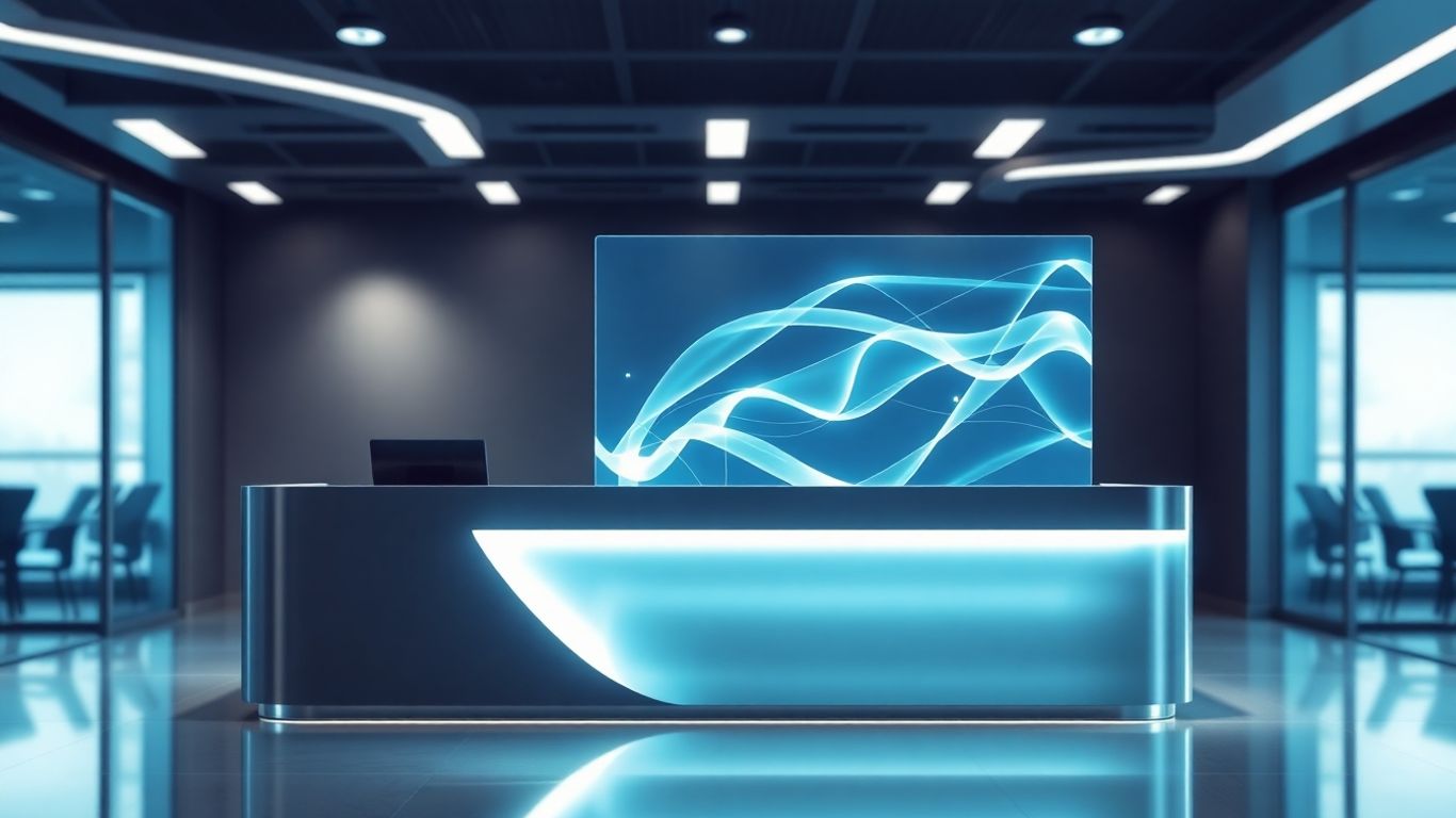 Futuristic AI receptionist interface at a desk.