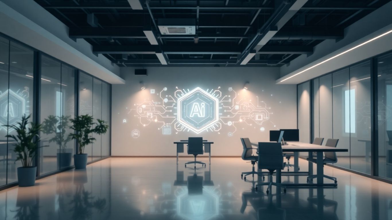 Futuristic AI interface in a modern office