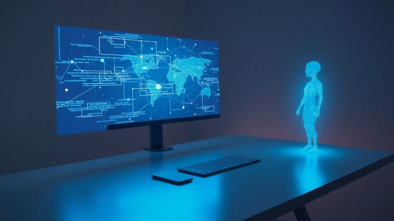 Futuristic AI receptionist interface on a desk.