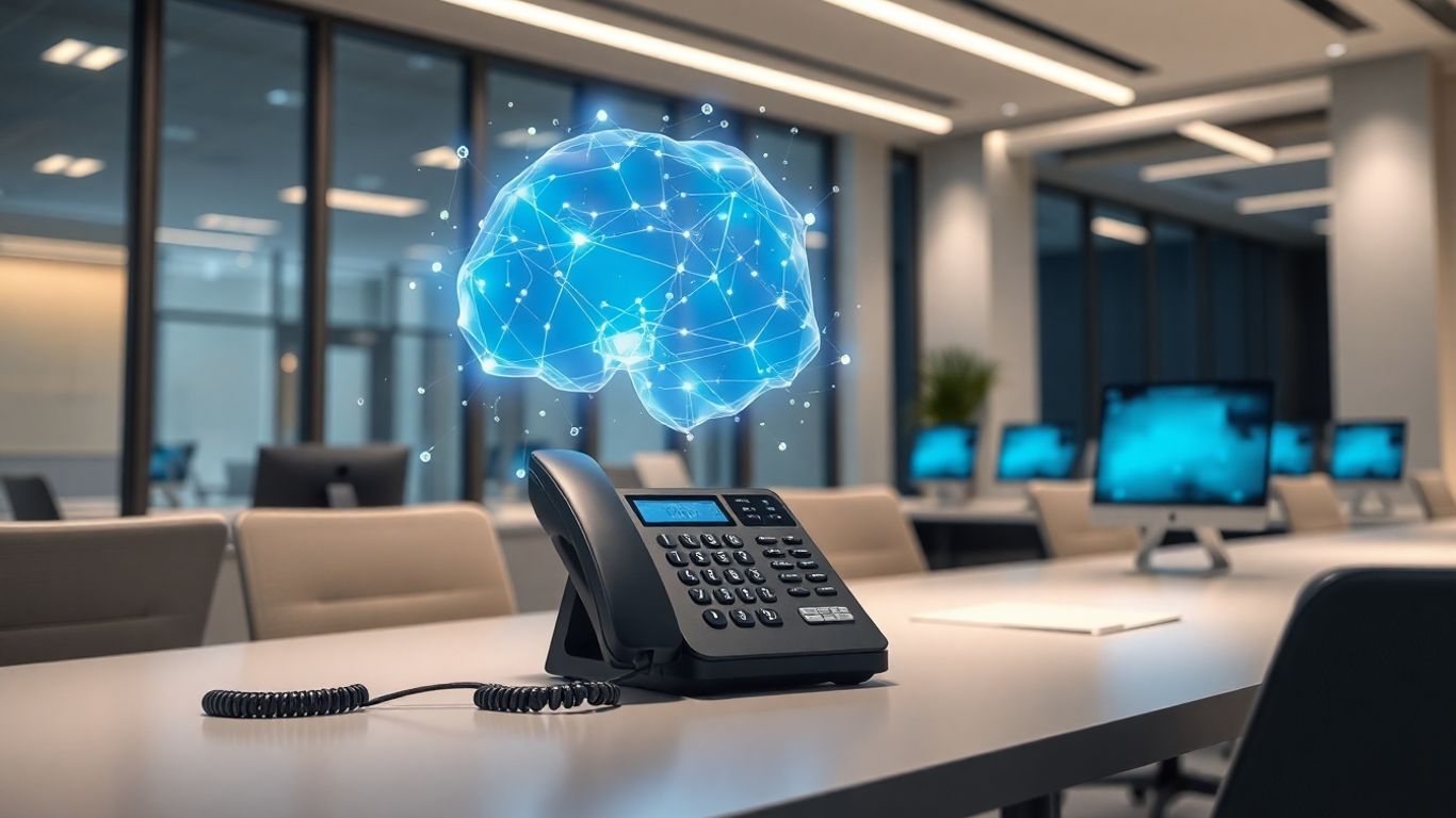 AI interacting with a telephone in an office