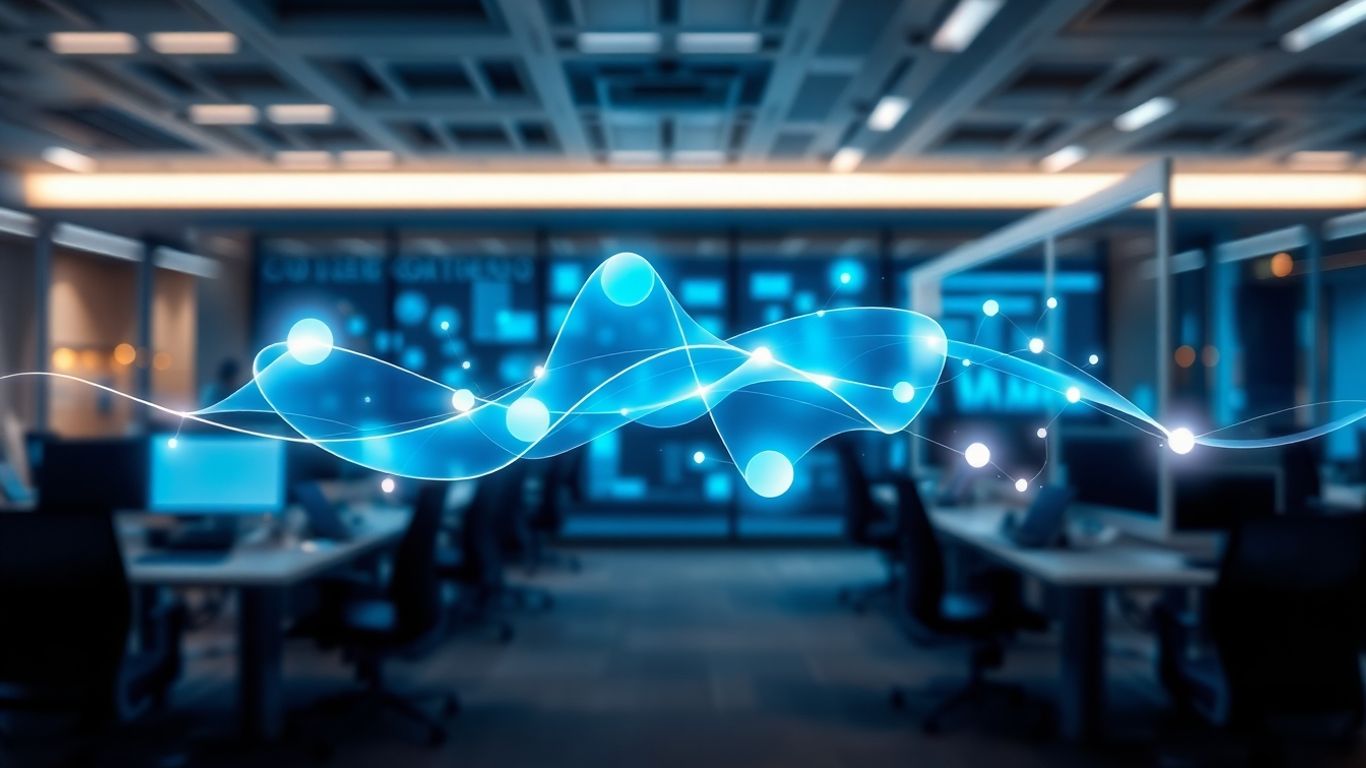Futuristic interface with glowing abstract shapes and light trails.