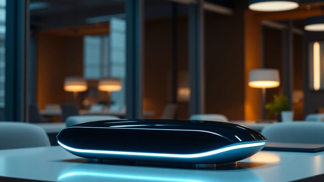 Futuristic AI device on an office desk.