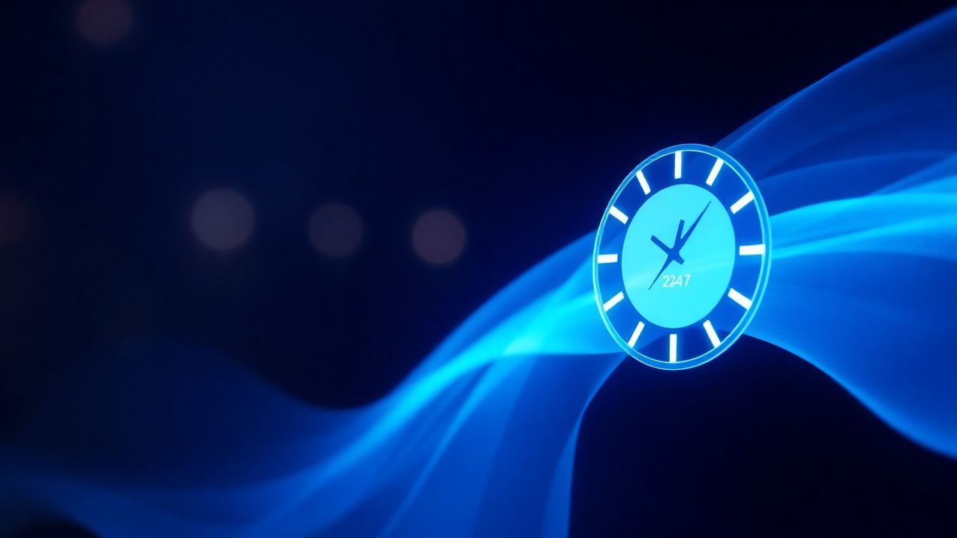 AI receptionist interface with 24/7 clock and digital patterns.