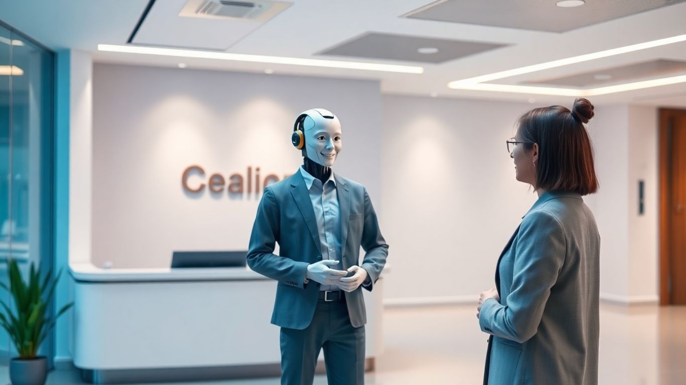 AI receptionist avatar greeting a visitor in an office.