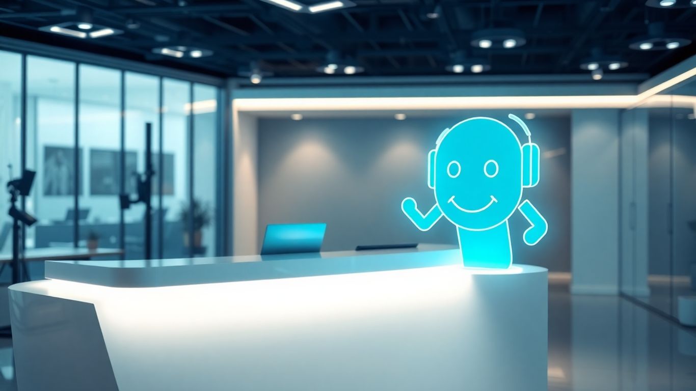 AI receptionist interface at a modern office desk.