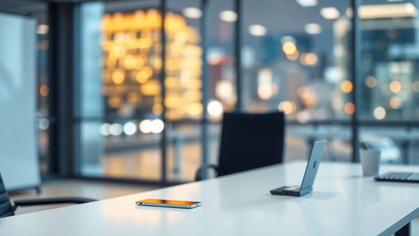 Modern office desk with glowing AI interface