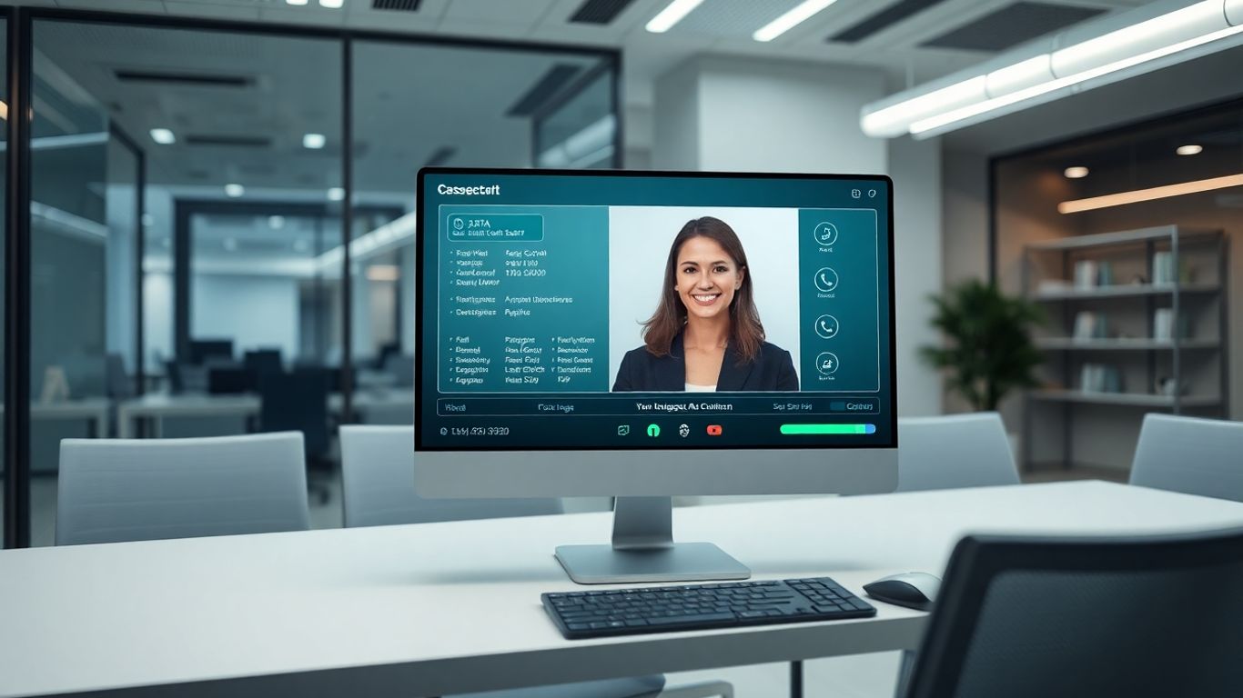 Virtual receptionist interface with a friendly face on screen.