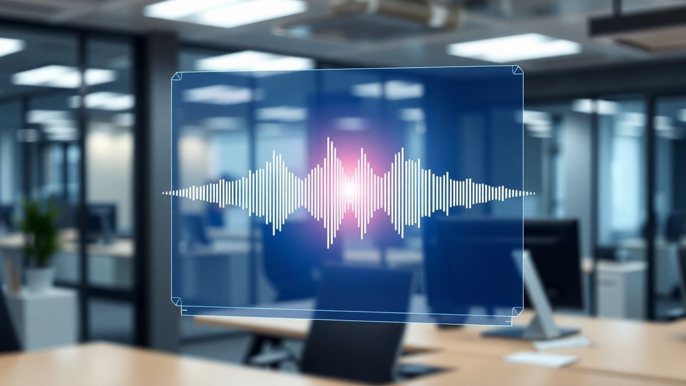 Futuristic AI voice interface with sound waves.
