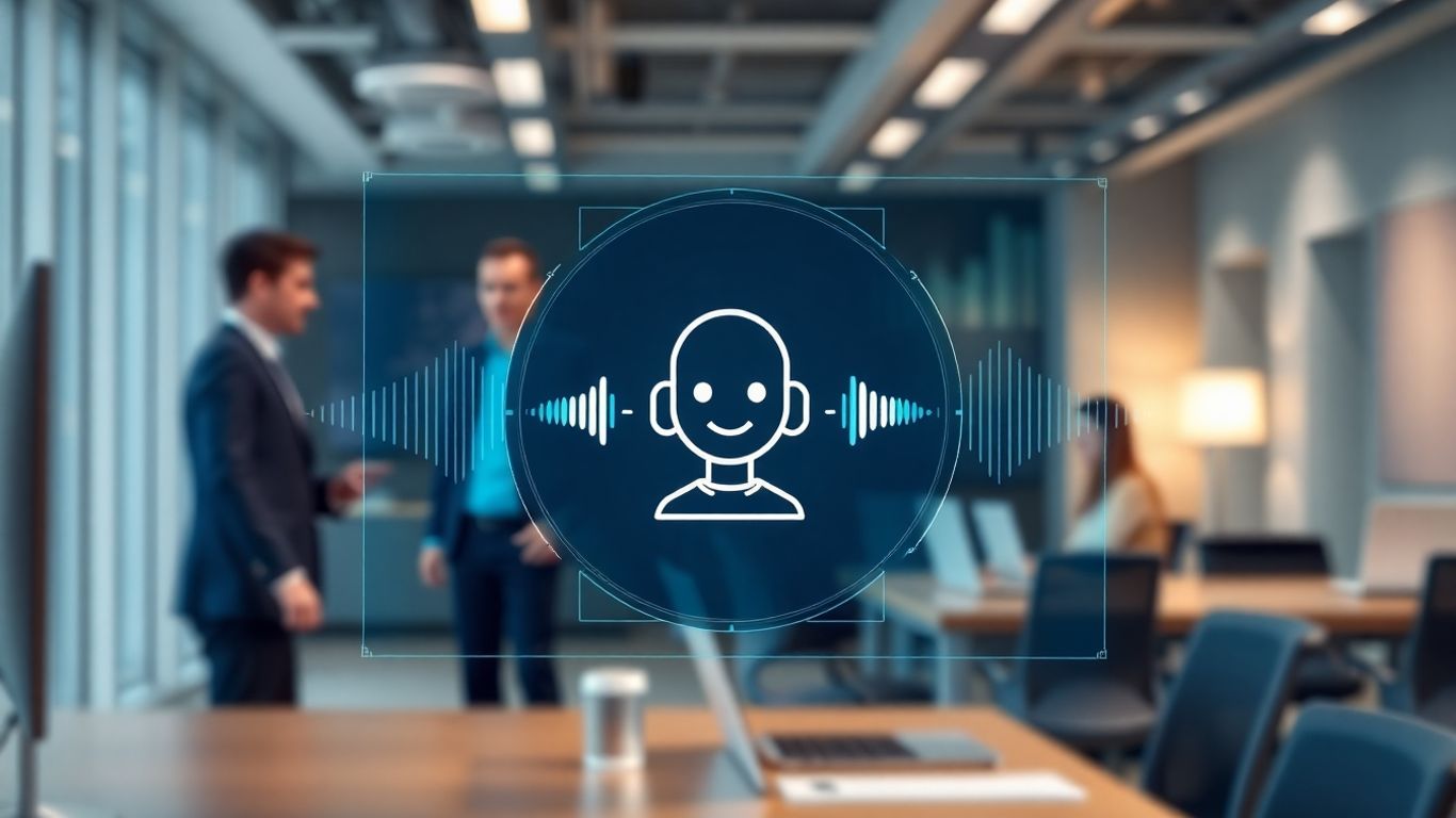 AI receptionist interface with sound waves.