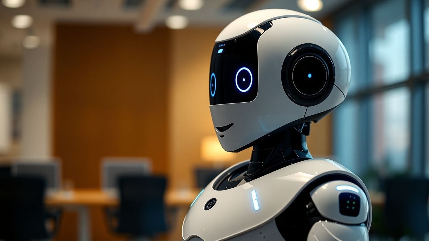 AI receptionist robot in a modern office setting.