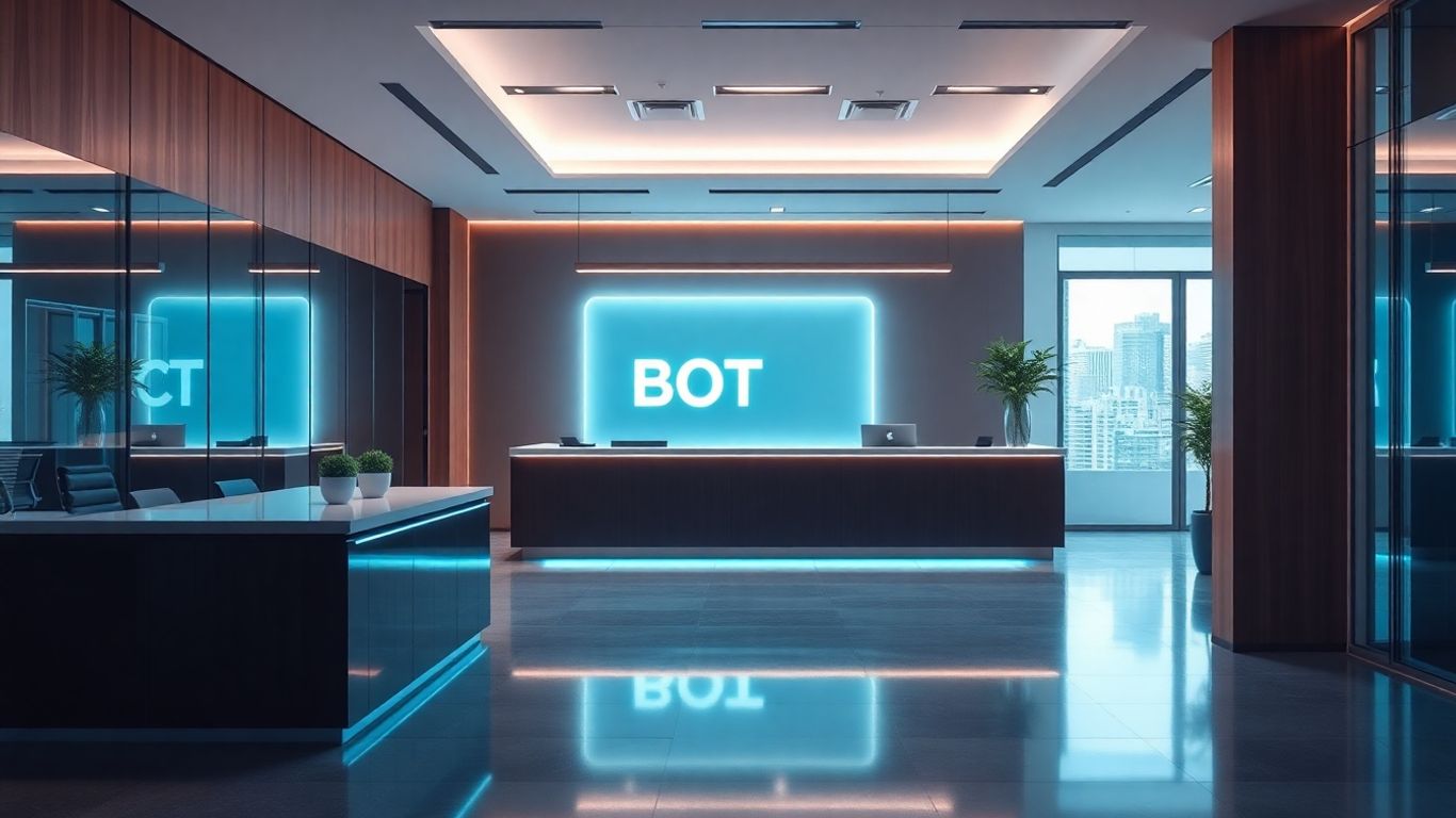 AI receptionist bot interface at a modern office desk.