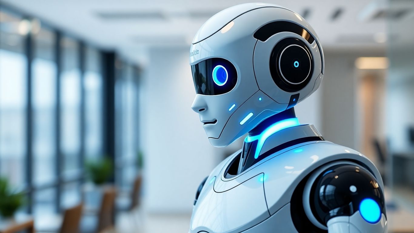AI receptionist bot in a modern office setting.