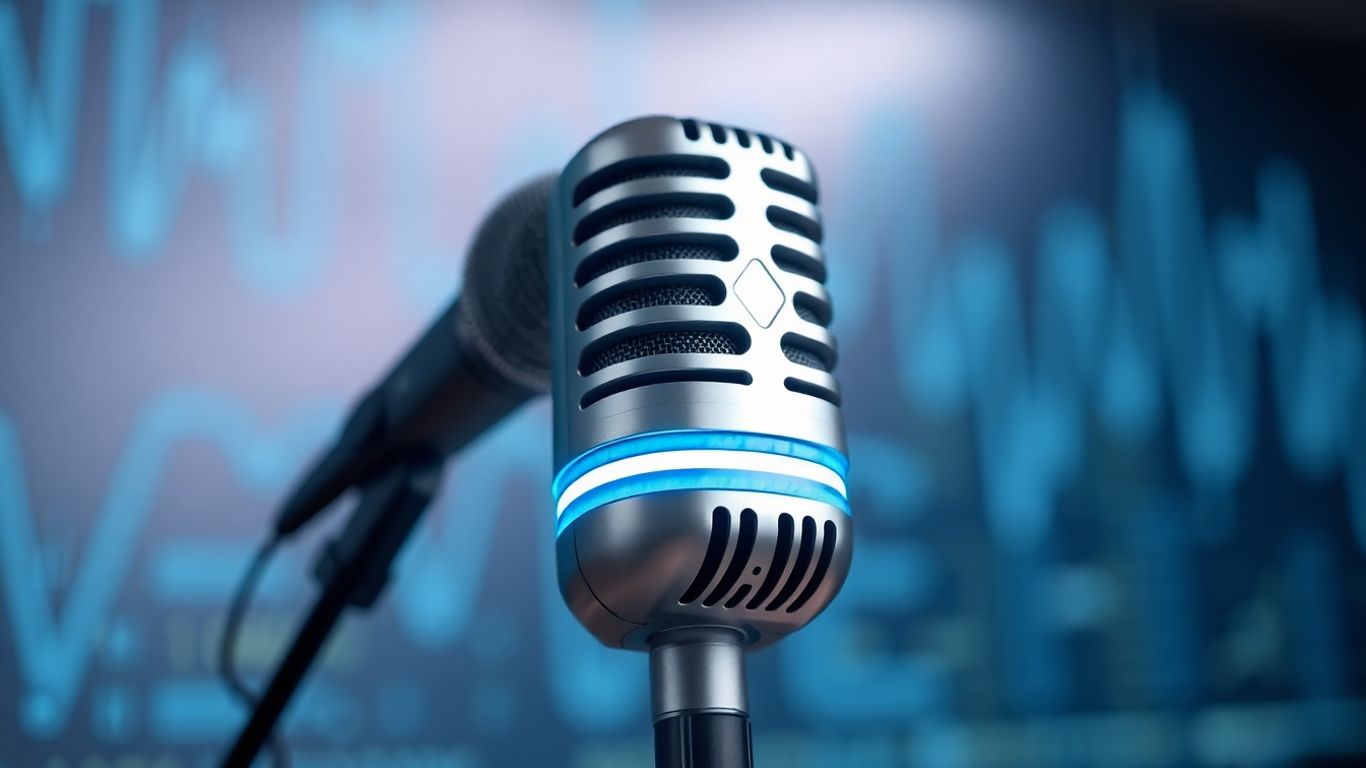 AI voice microphone with digital waveform background