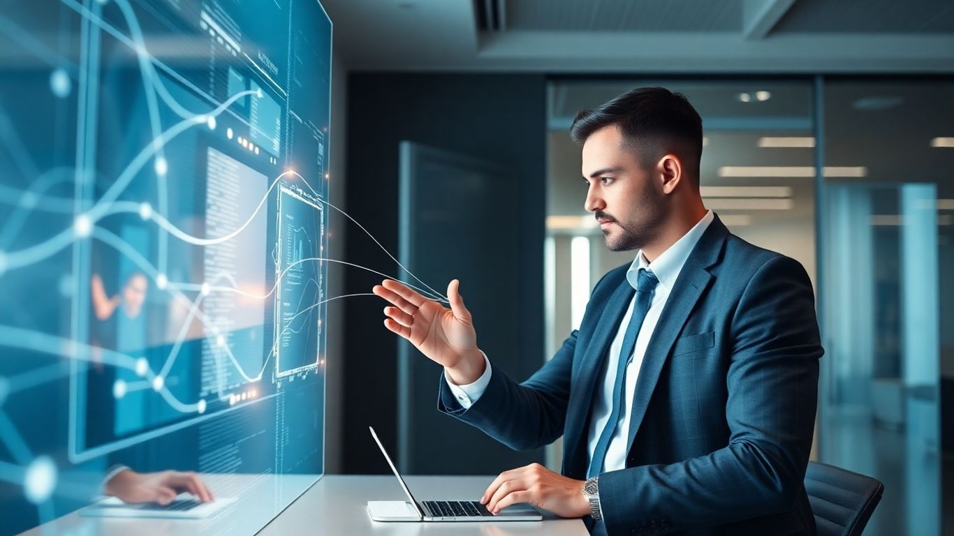 Accountant using advanced AI answering service interface.