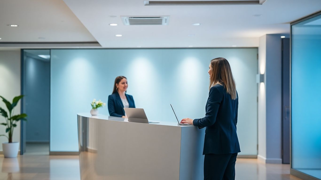 Professional receptionist assisting a caller at a desk.