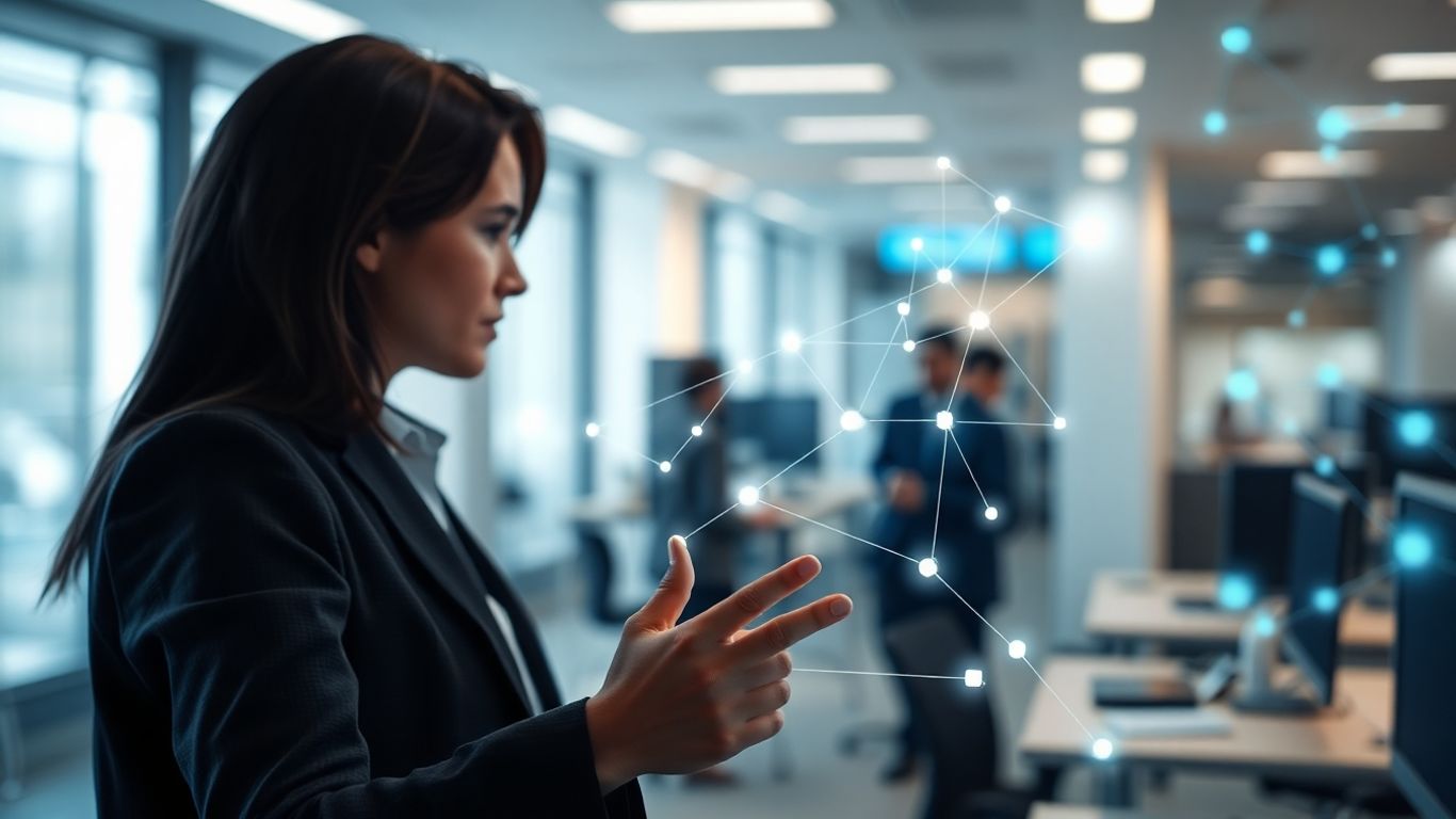 Person interacting with futuristic call handling interface.