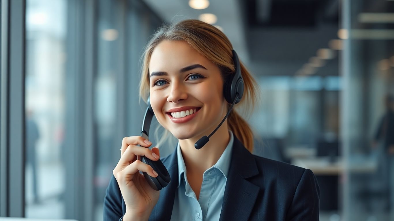 Professional with headset, digital patterns, modern office