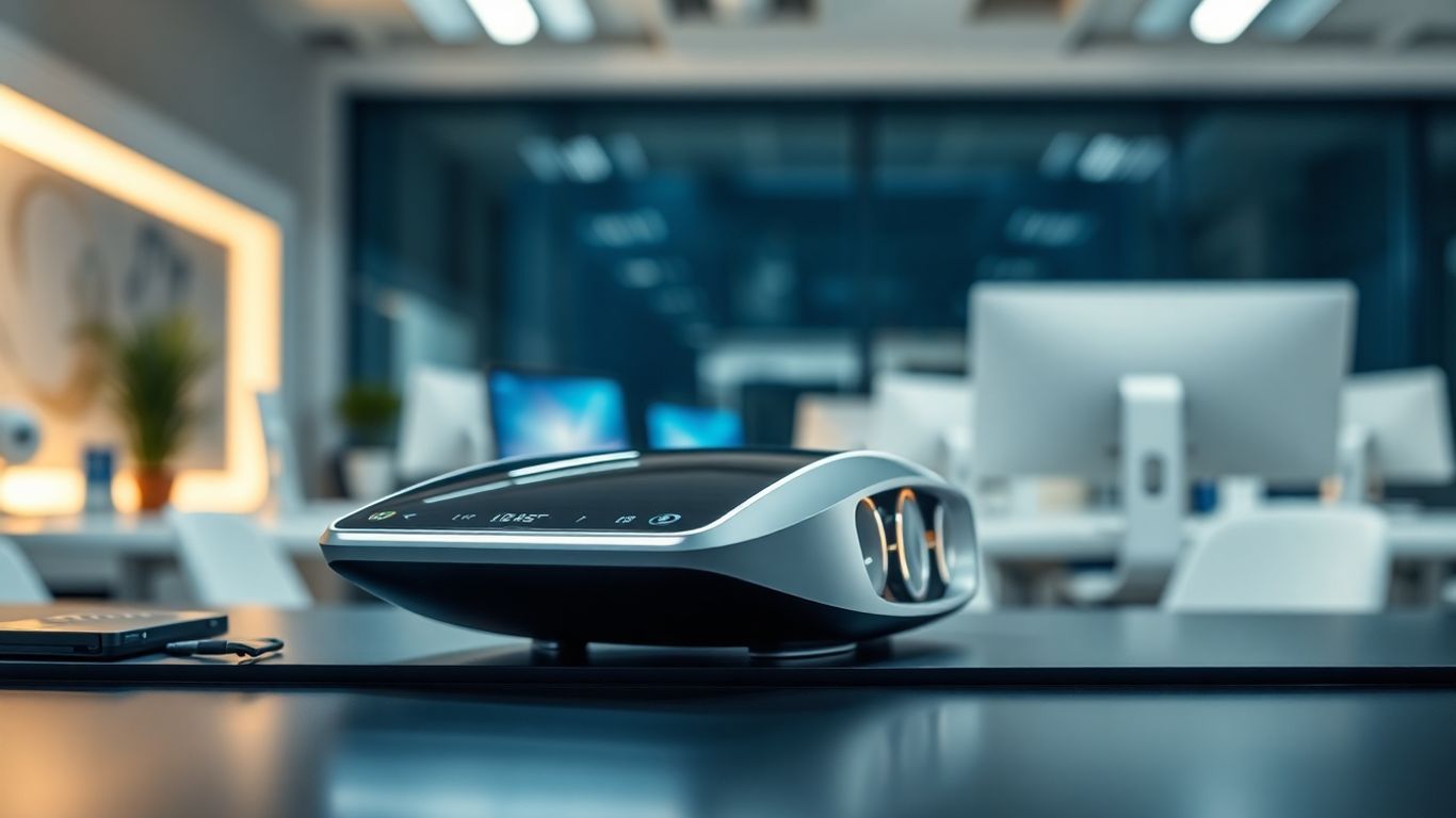Futuristic AI device in an office