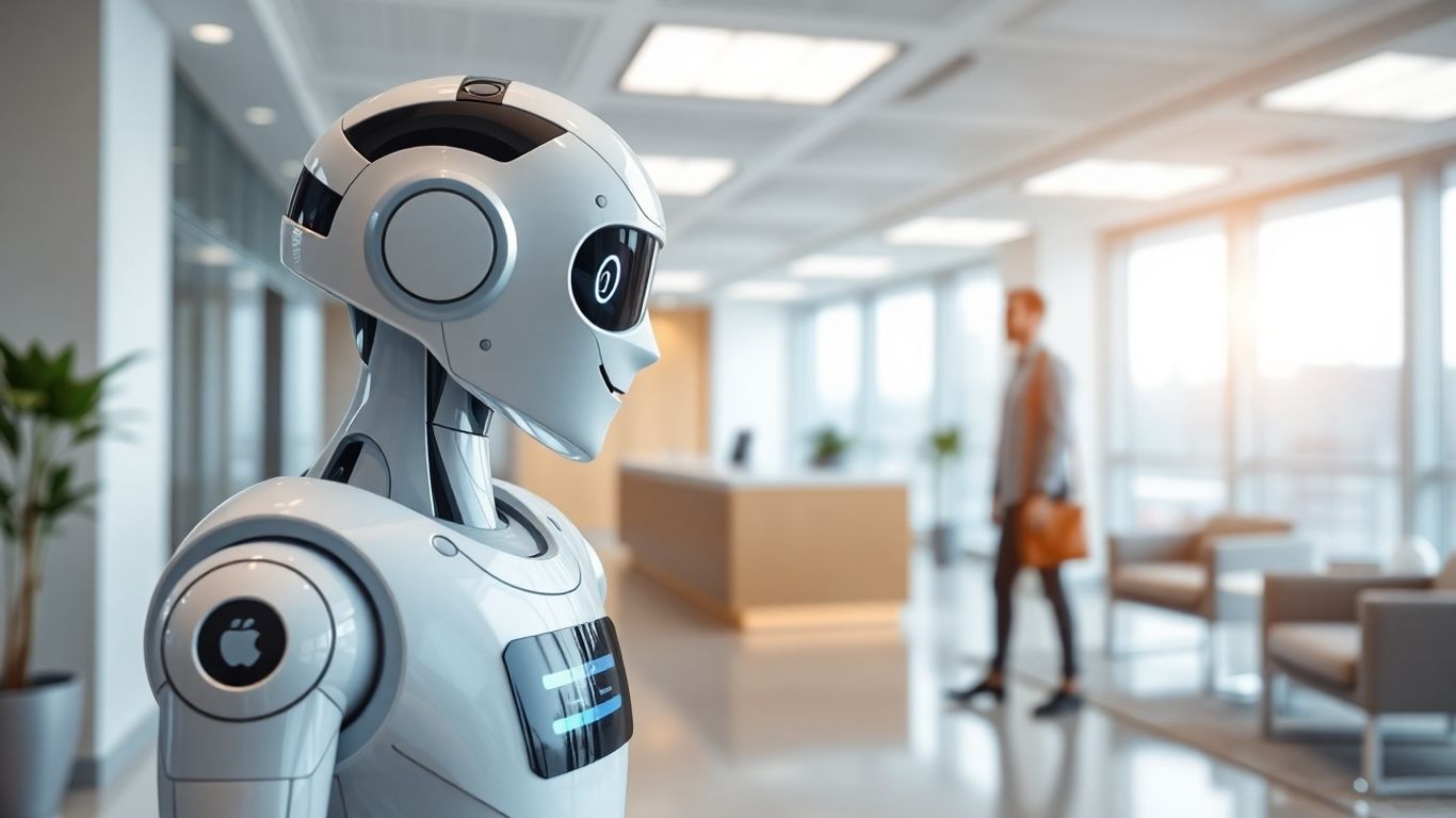 AI robot receptionist assisting a visitor in an office.