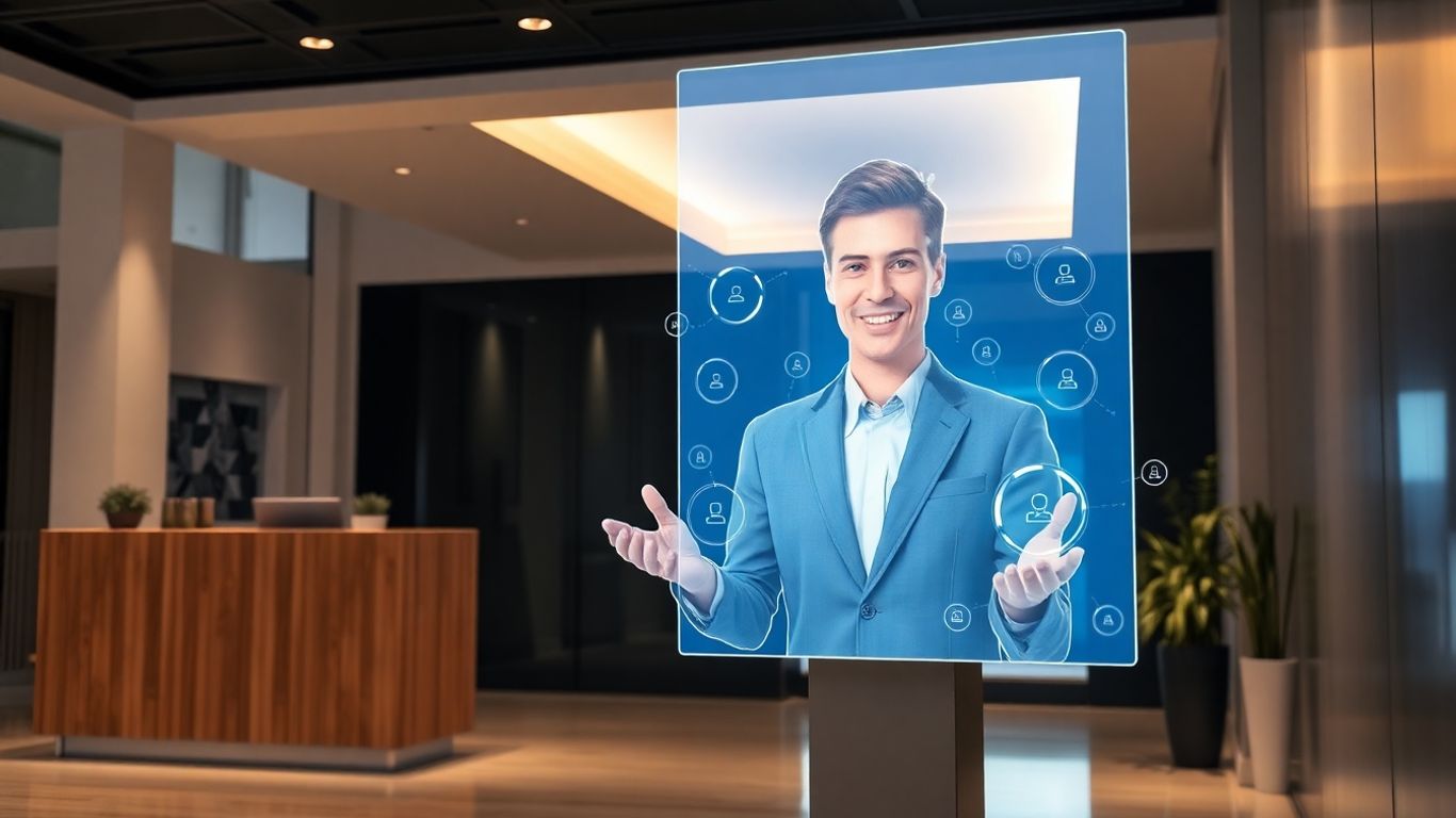 AI receptionist interacting with holographic interface