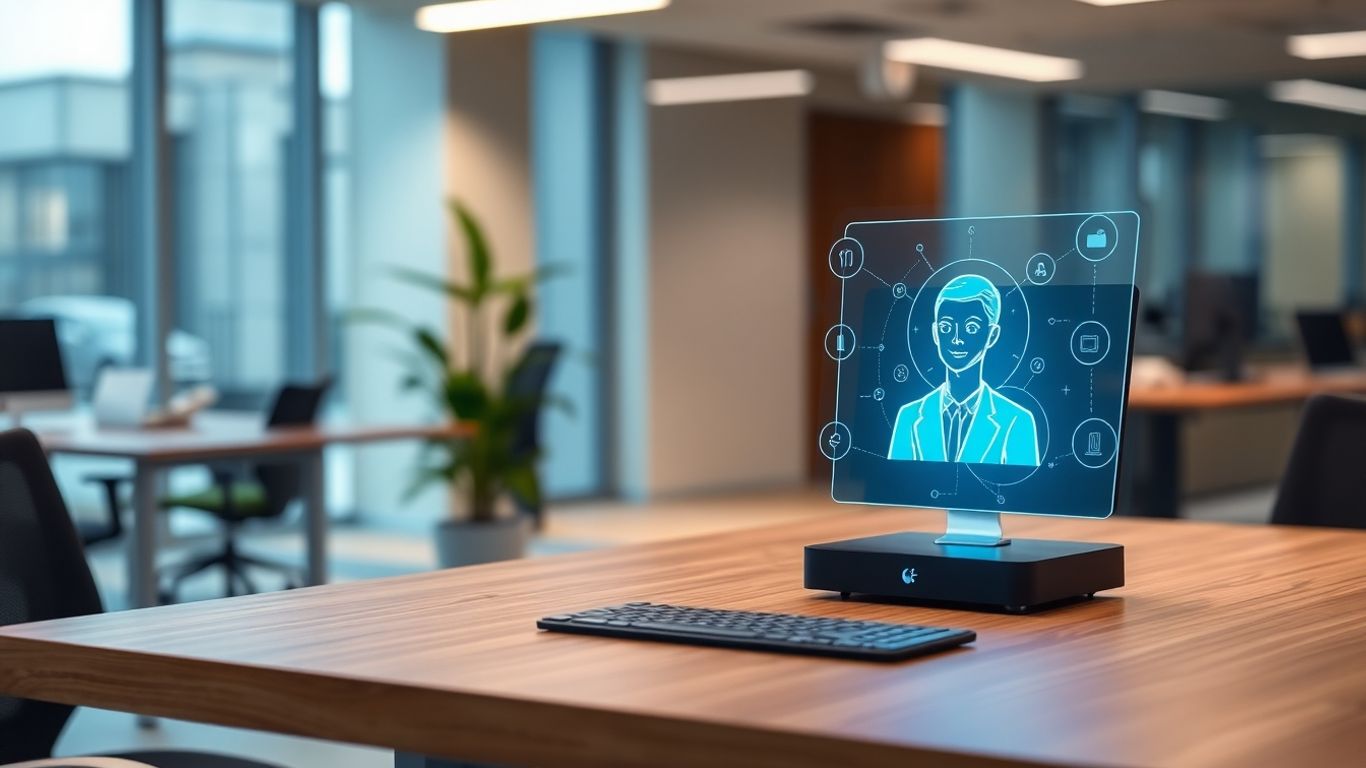 AI receptionist hologram at a desk