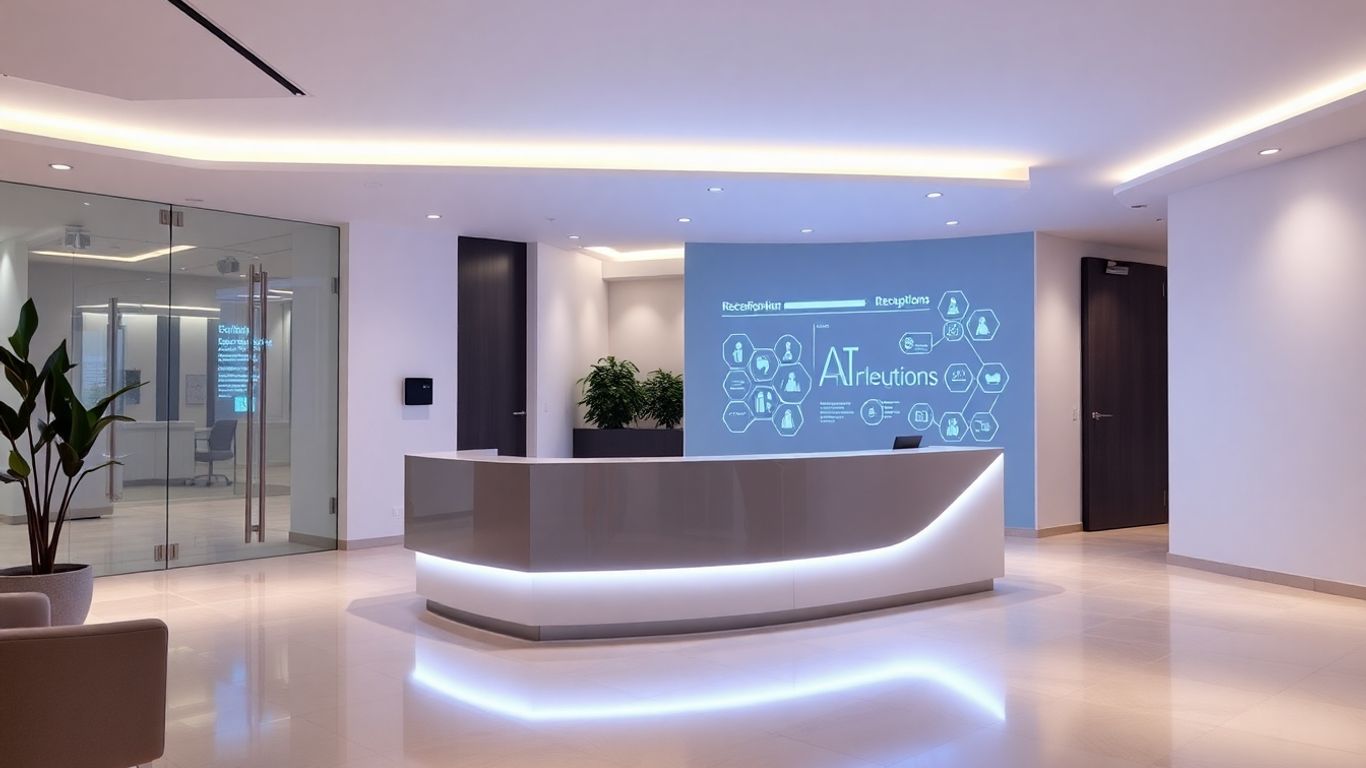 Futuristic AI receptionist interface in a modern office.