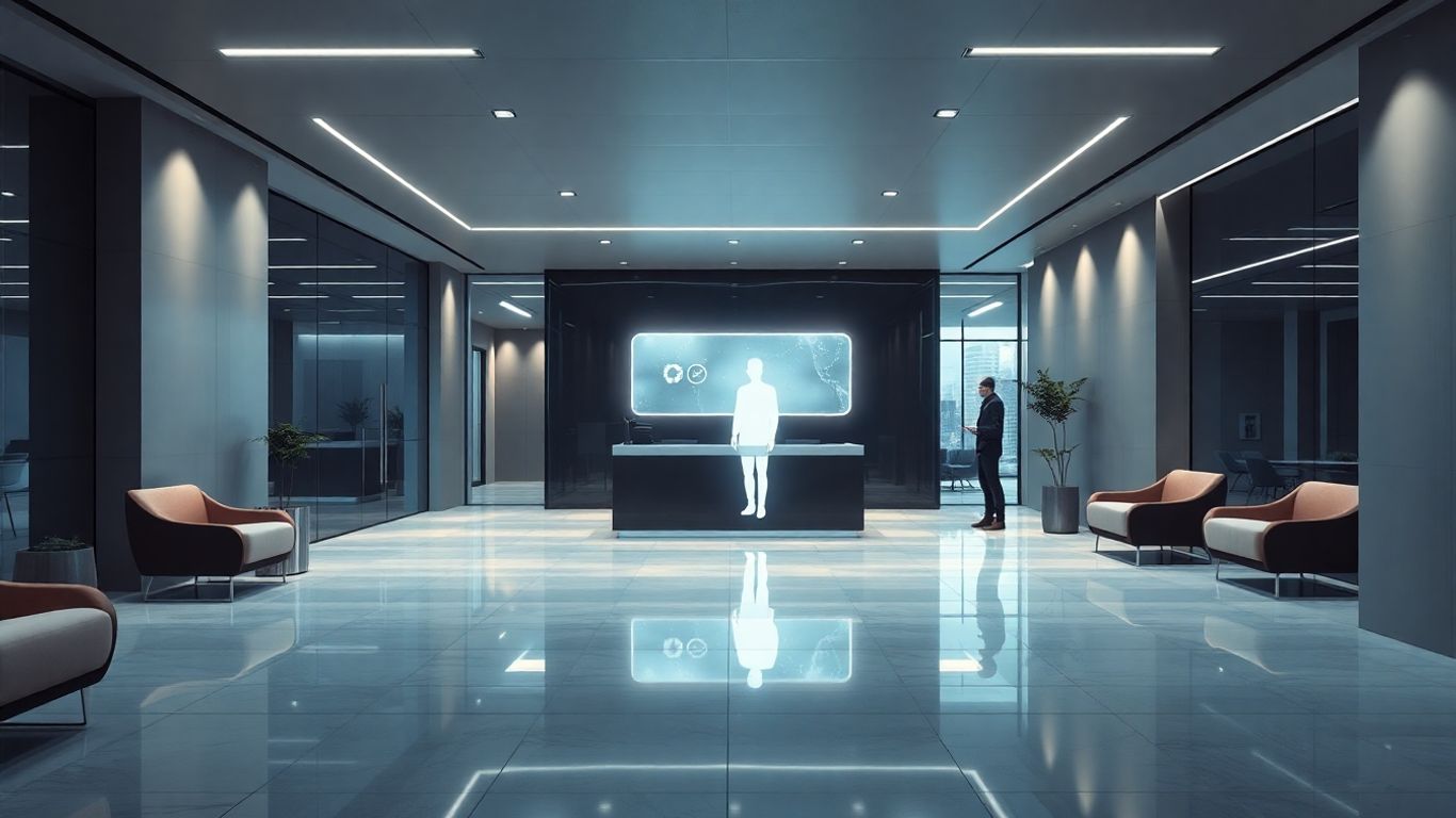 Futuristic AI receptionist interface in an office.