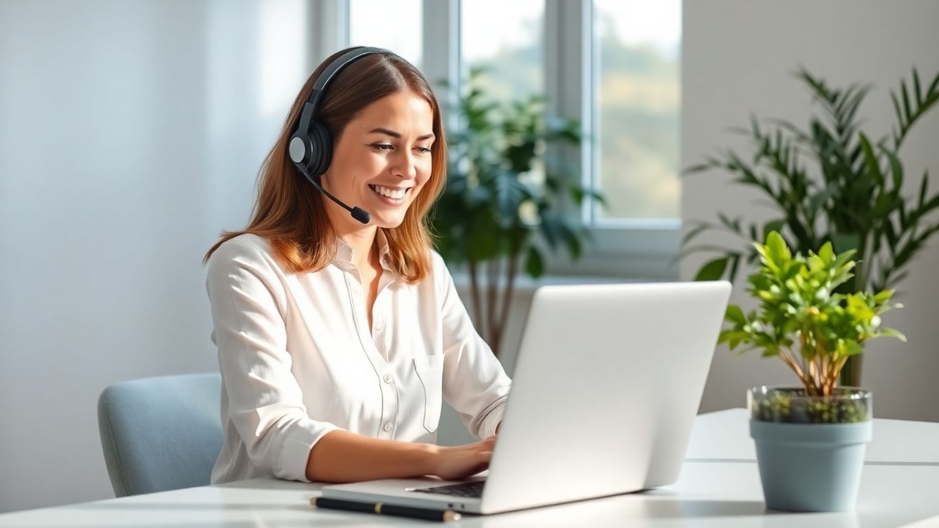 Woman working from home with headset and laptop.