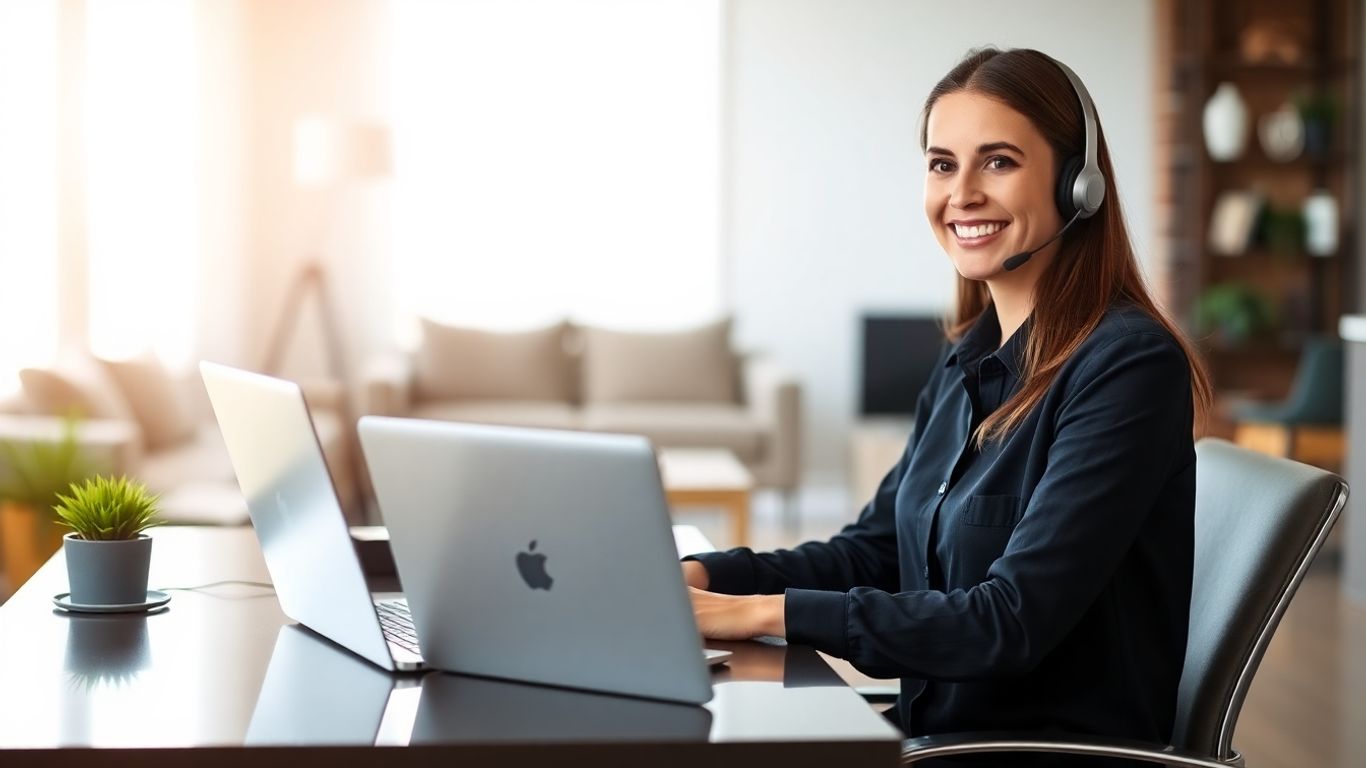 Virtual receptionist working from a home office.