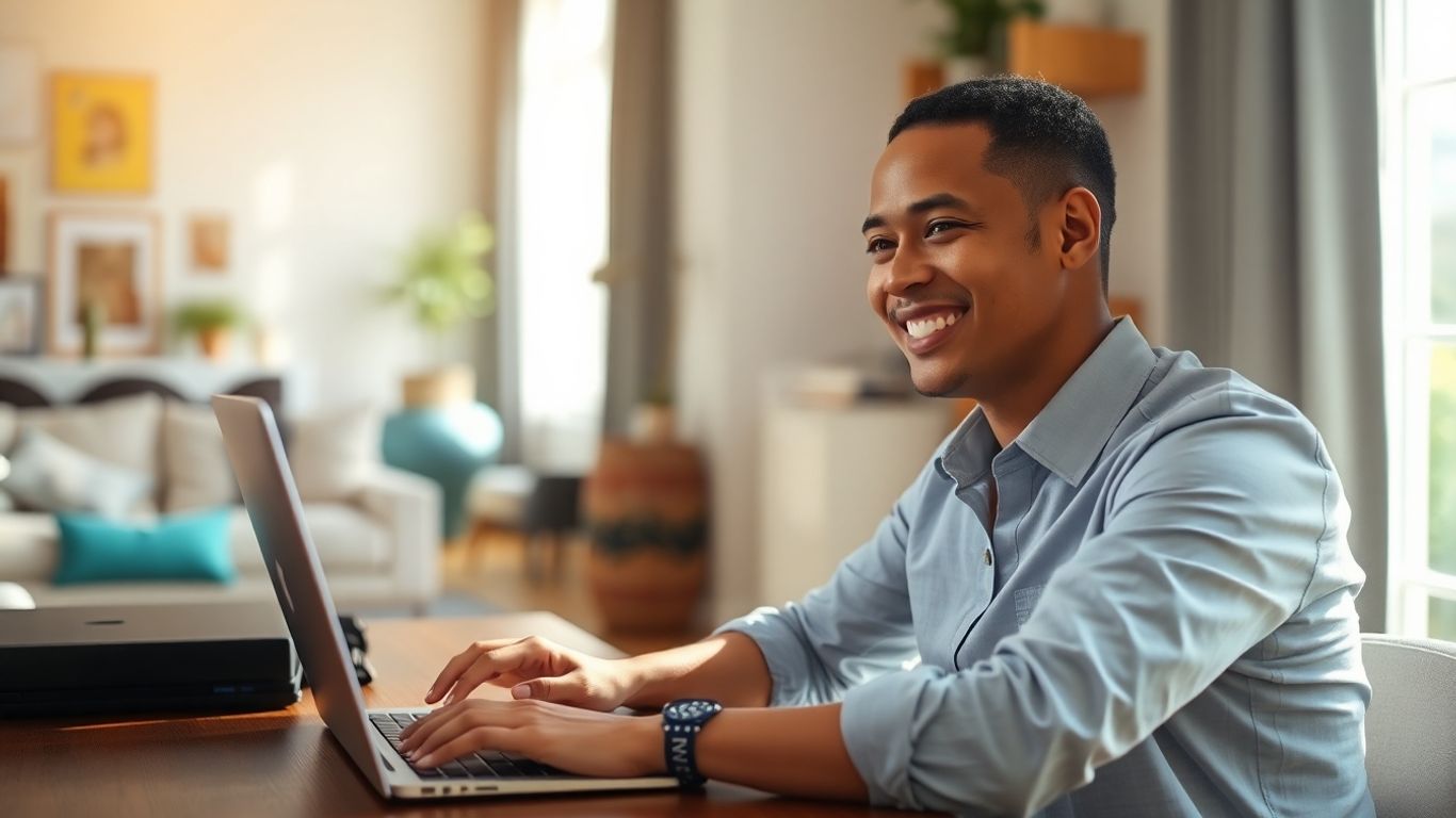 Person working on laptop at home office.
