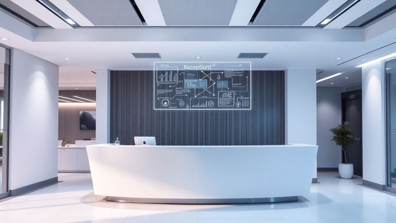 Modern office reception with glowing AI interface.
