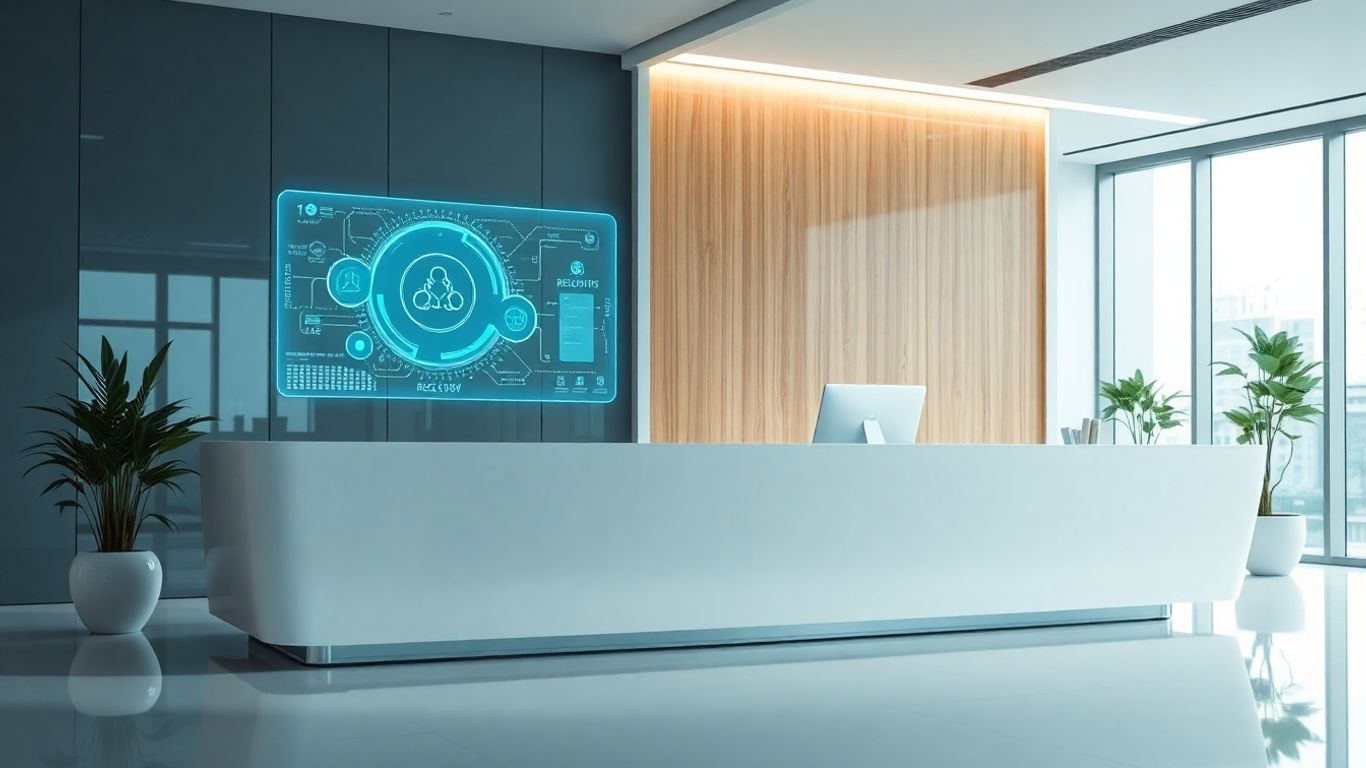 Futuristic office desk with glowing holographic interface.