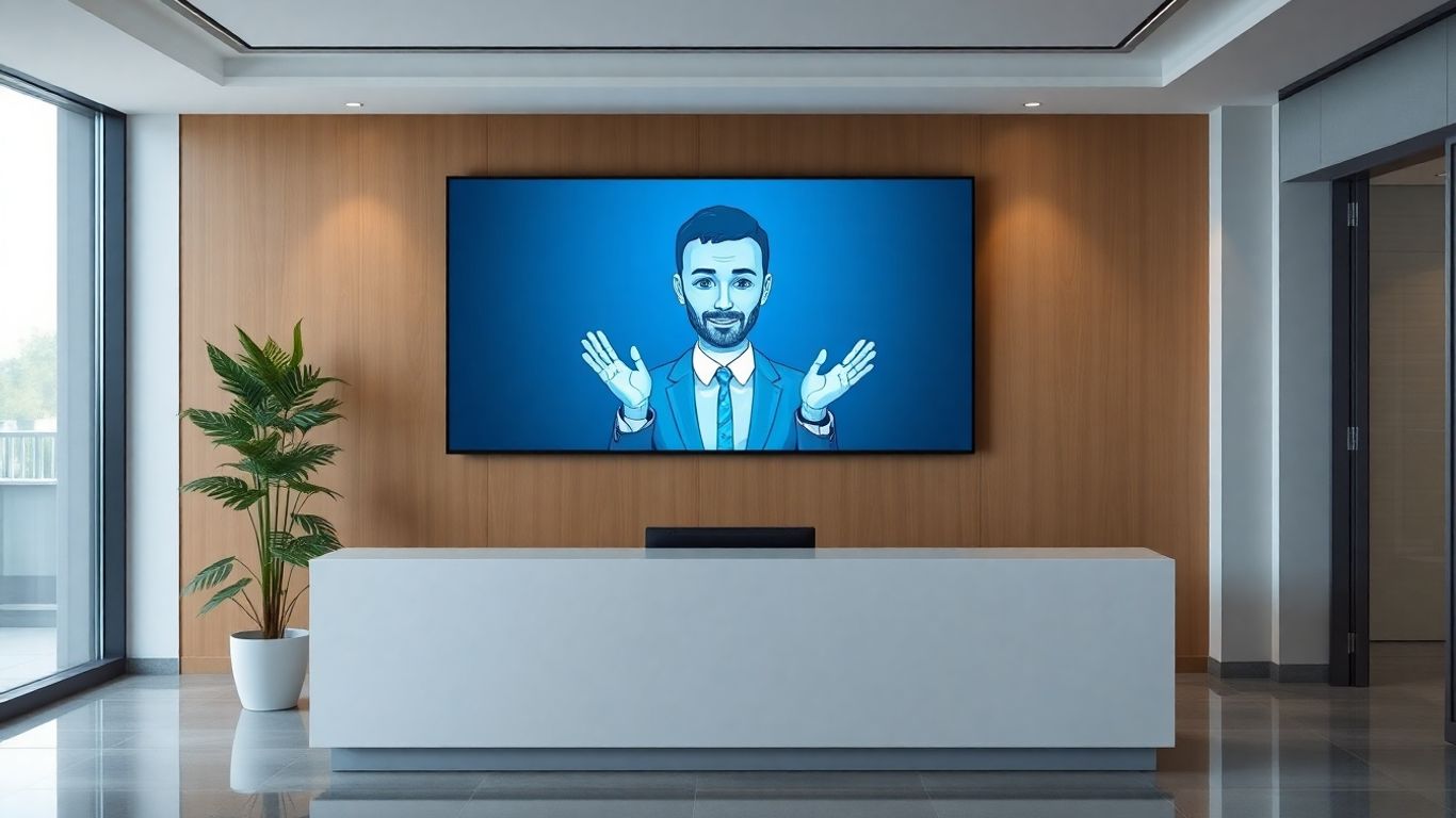 AI receptionist avatar welcoming visitors in an office.
