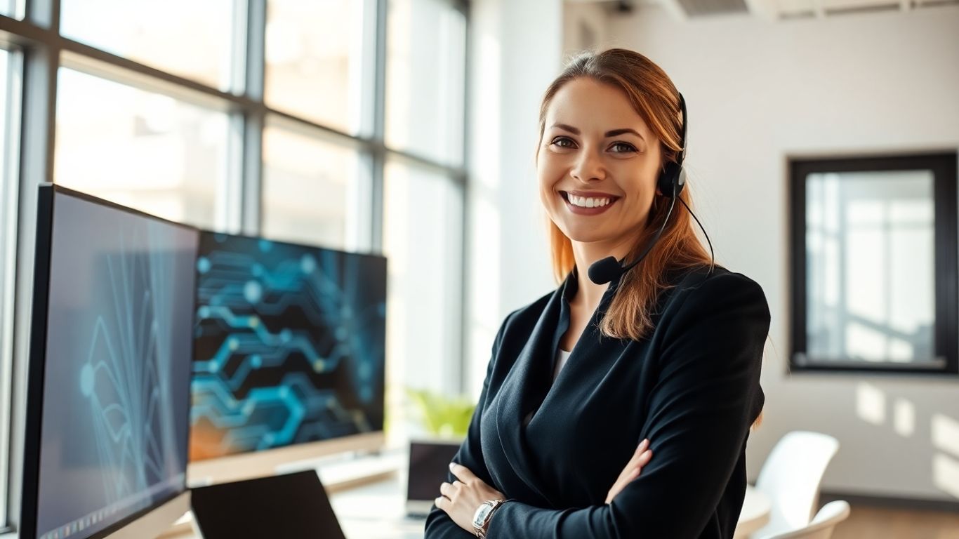 Professional woman with headset in modern office