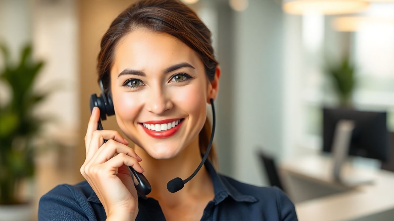 Friendly receptionist with headset in a modern office