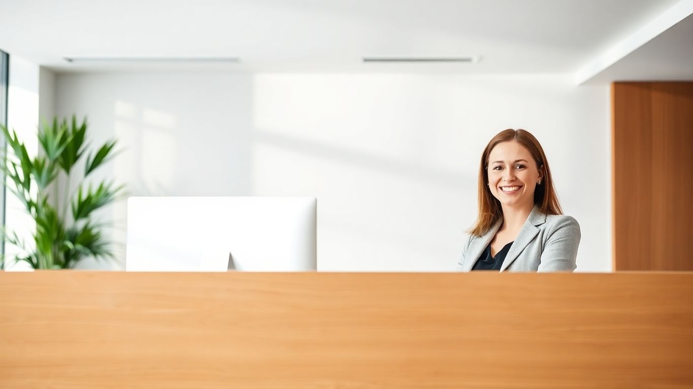Receptionist at desk with computer