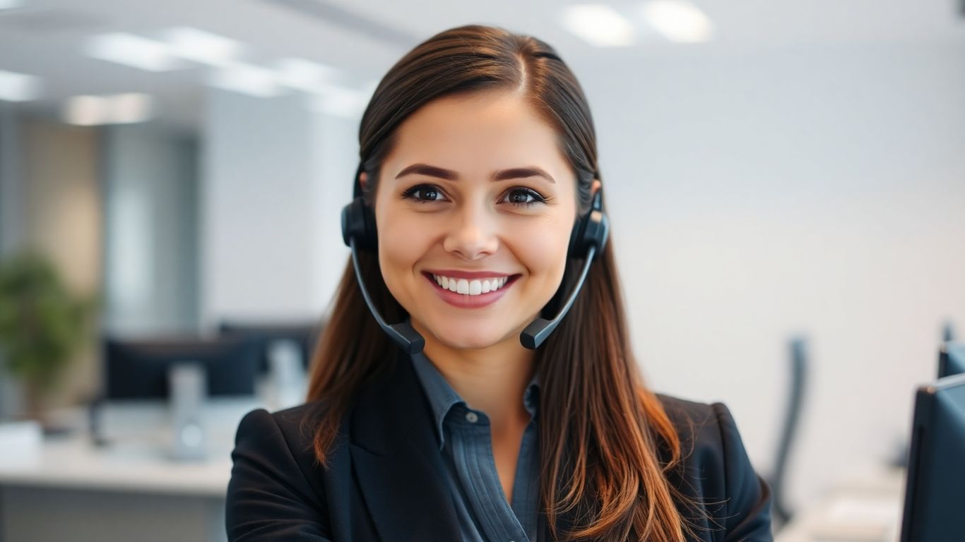 Professional receptionist with headset in a modern office.