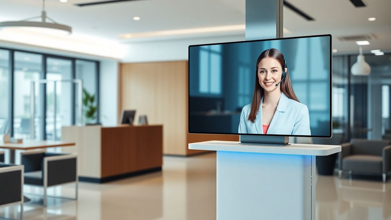 Virtual receptionist on a screen in an office.